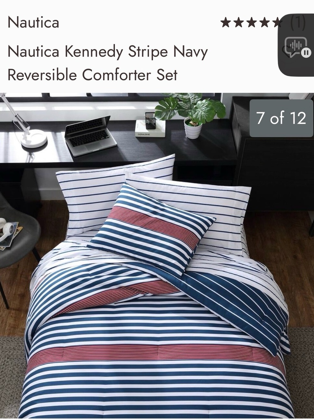 NEW Nautica Kennedy Stripe Twin XL Reverse Comforter & Sham Set Navy Red White